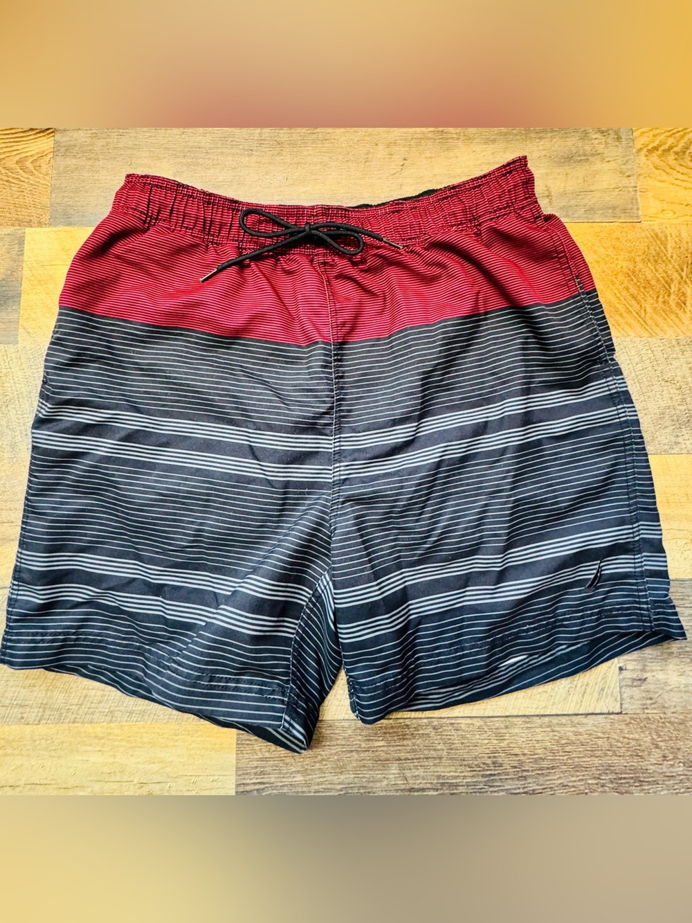 Men's Nautical Red and Black Stripe Swim Trunks